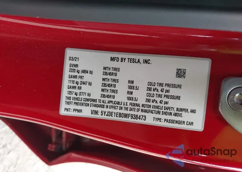 2021 Tesla Model 3 Long Range Dual Motor All-Wheel Drive z USA, uszkodzony, nr VIN 5YJ3E1EB0MF938473